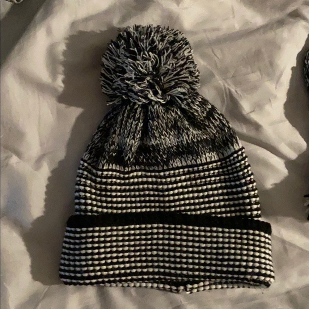 winter hat with puffball and matching mittens
